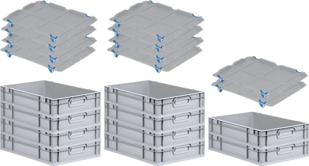 SparSet 10x Eurobox NextGen Grip mit Auflagedeckel inkl. 4 blauen Schiebeschnappverschlüssen | HxBxT 12x40x60cm | 23 Liter | Griffe geschlossen | ...