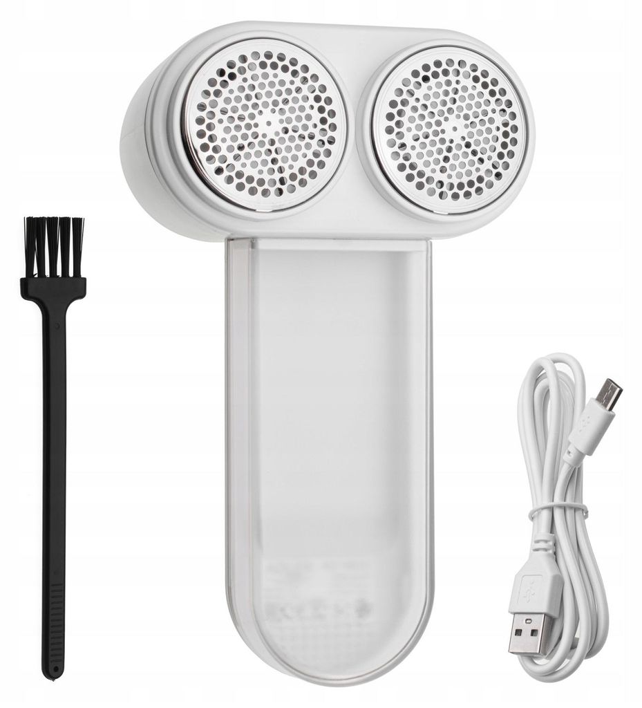 A white rechargeable lint remover with a cleaning brush and a USB charging cable, displayed against a white background.