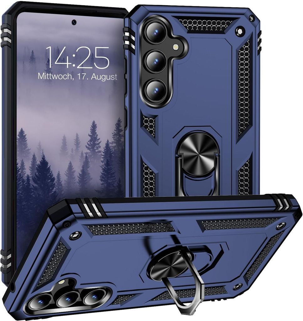 A blue smartphone case with a built-in ring stand is displayed from multiple angles, showcasing its design and features.