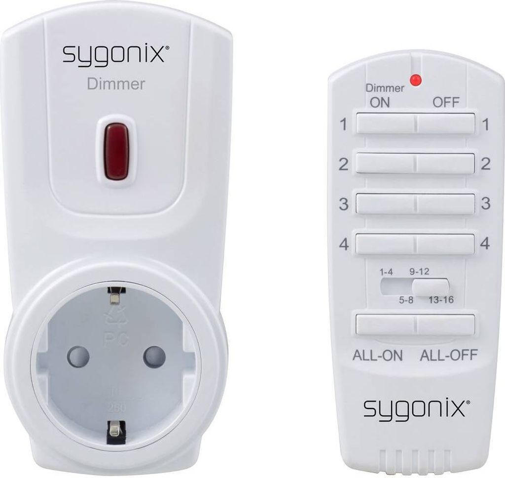 A white Sygonix dimmer plug and remote control are shown against a white background.