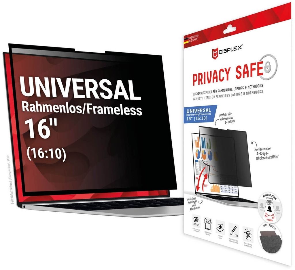 Displex PRIVACY SAFE abnehmbarer 2-Wege-Sichtschutzfilter für Laptop/Notebook (randlos/rahmenlos) 16'' (16:10)