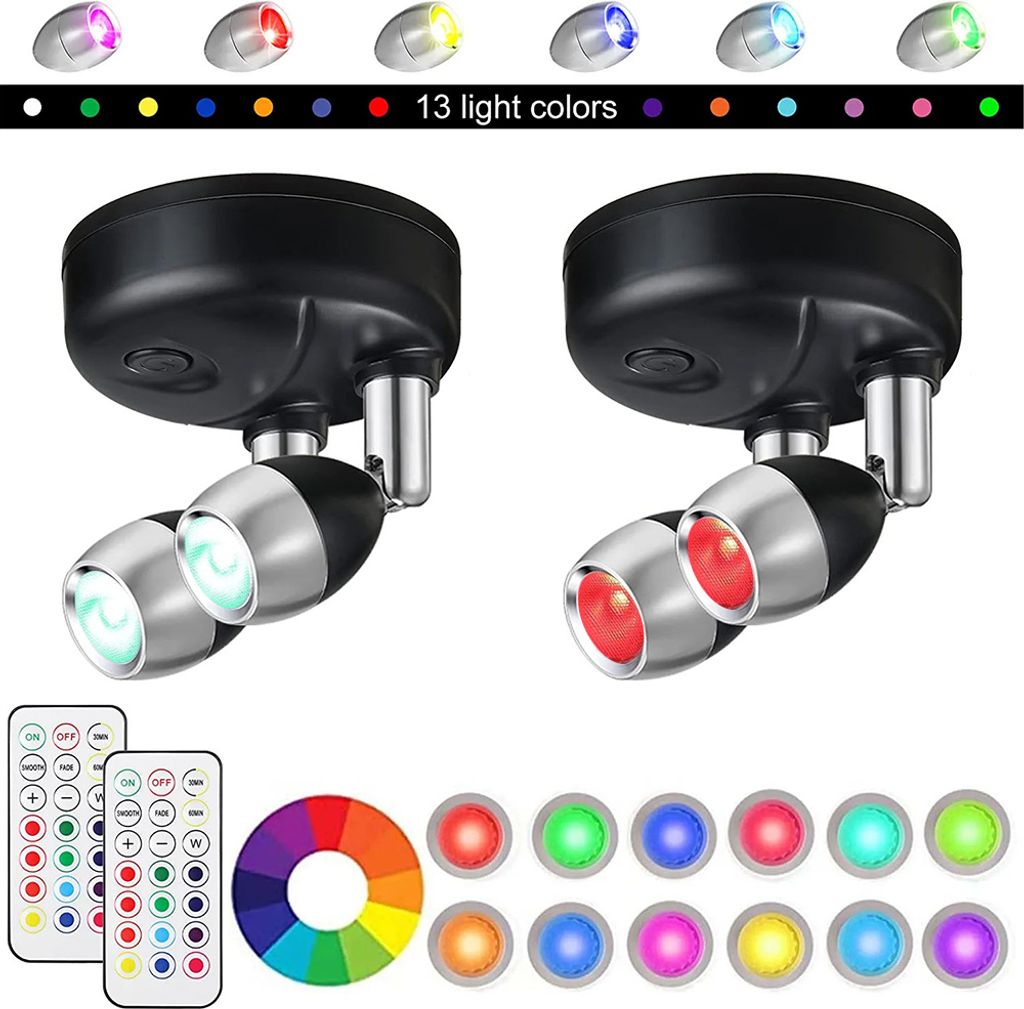 2x Led Spot Lampe Batterie, Innen Led Wandleuchte Kabellos, RGB Wandspot Wandlampe Mit Schalter, Beleuchtung Ohne Strom Für Treppe Wand Küche Sch...