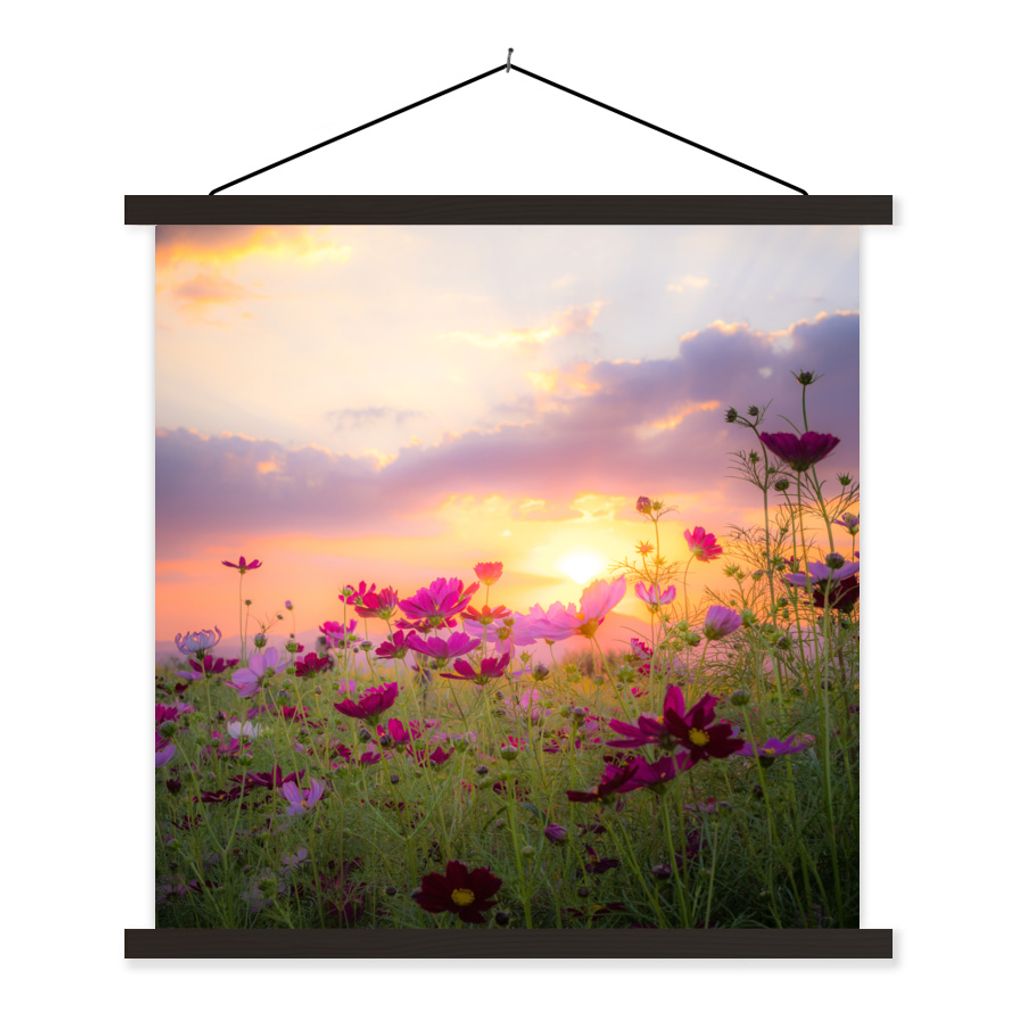 MuchoWow Textilposter Blumen - Rosa - Sonnenuntergang - Natur - Wiese - Horizont 90x90 cm mit schwarzem Rahmen - Magnetisches