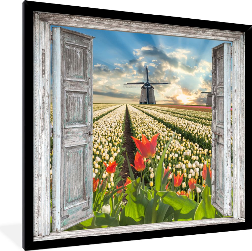 MuchoWow Gerahmtes Poster Blumen - Mühle - Frühling - Ausblick 40x40 cm - Poster mit Schwarzem Bilderrahmen Wandposter Rahmen Foto Bilder - Mit...