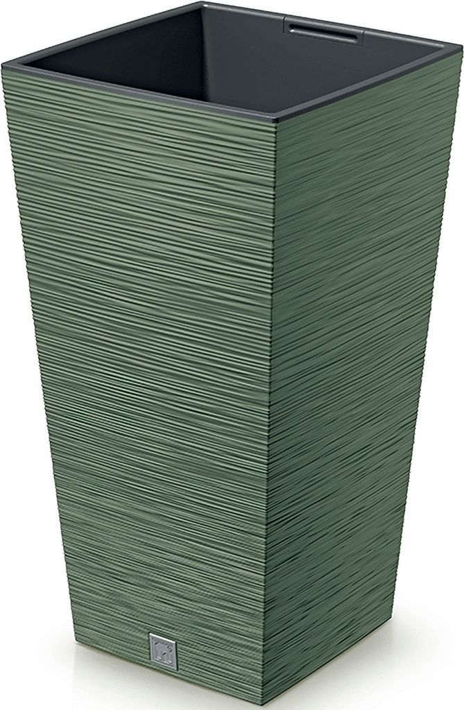 A tall, square planter with a textured green exterior and a dark interior, shown against a white background.