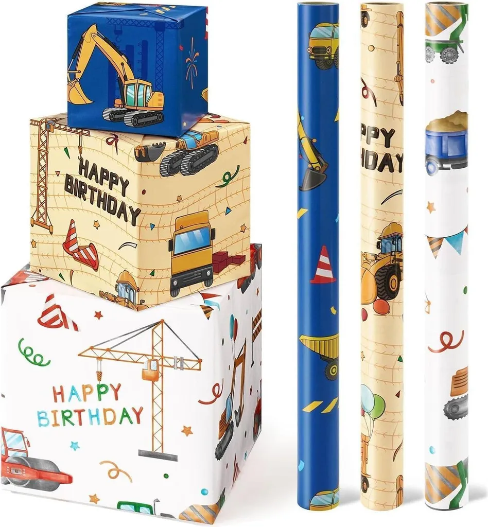 Papier cadeau enfant engins de chantier - Lot de 3 grands rouleaux