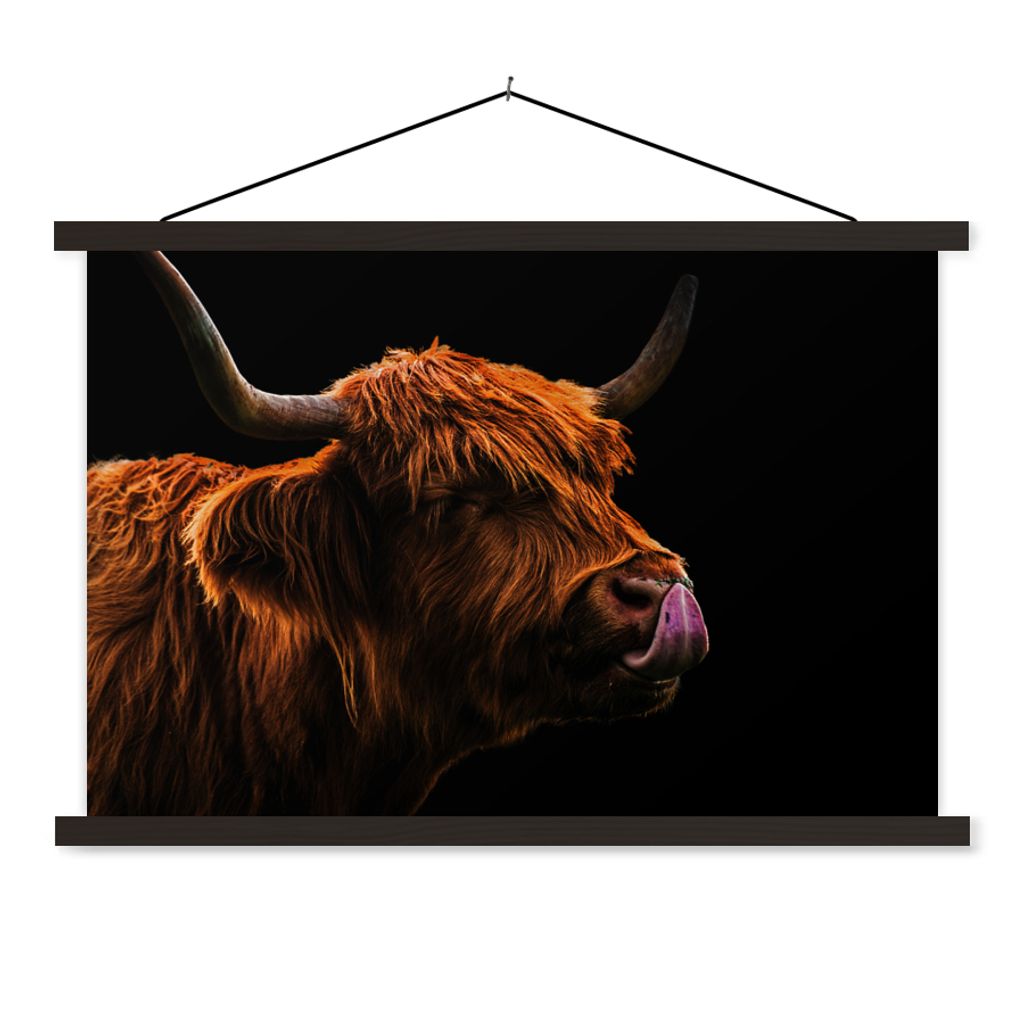 MuchoWow Textilposter Schottischer Highlander - Zunge - Nase 150x100 cm mit schwarzem Rahmen - Schlafzimmer