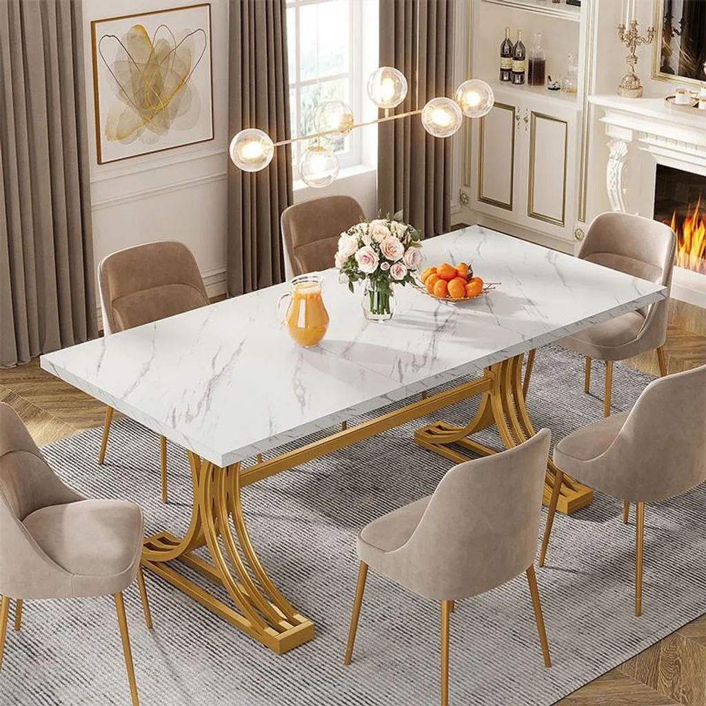 Table rectangulaire 160x80 blanche et dorée - Style scandi-chic HOGA