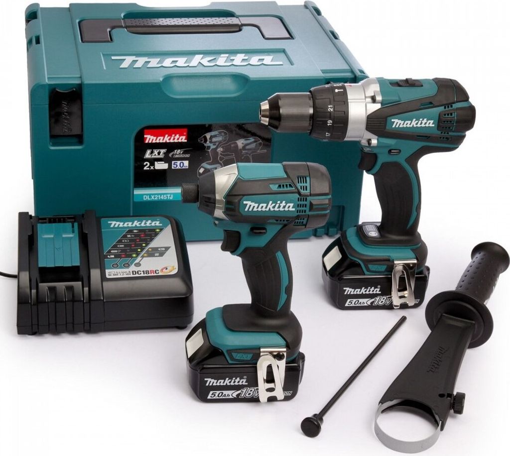 A set of Makita power tools and accessories laid out on a white background.