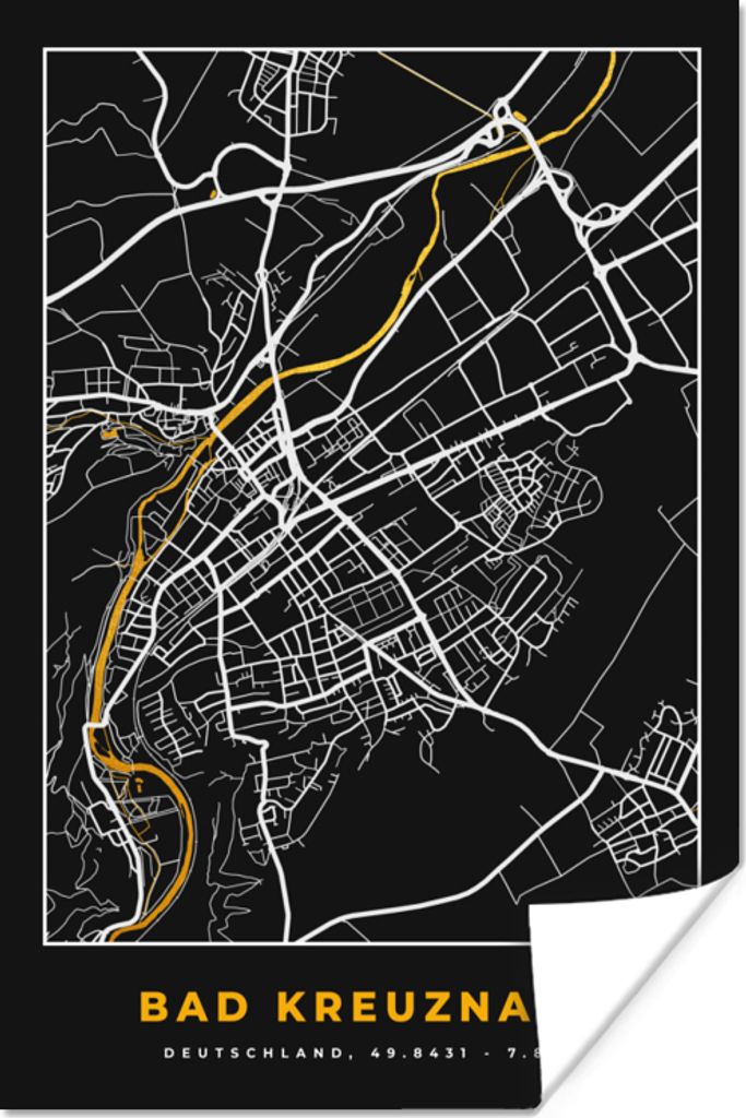 MuchoWow Poster Deutschland - Schwarz und Gold - Bad Kreuznach - Stadtplan - Karte 60x90 cm - Wanddekoration