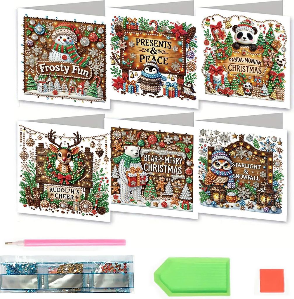 6-teiliges Set zum Selbermachen von Strass-Kunst-Malkarten, Weihnachtsgrußkarten-Bastelset mit Umschlägen, 5D-Strassmalerei mit Schneemann, Katze...