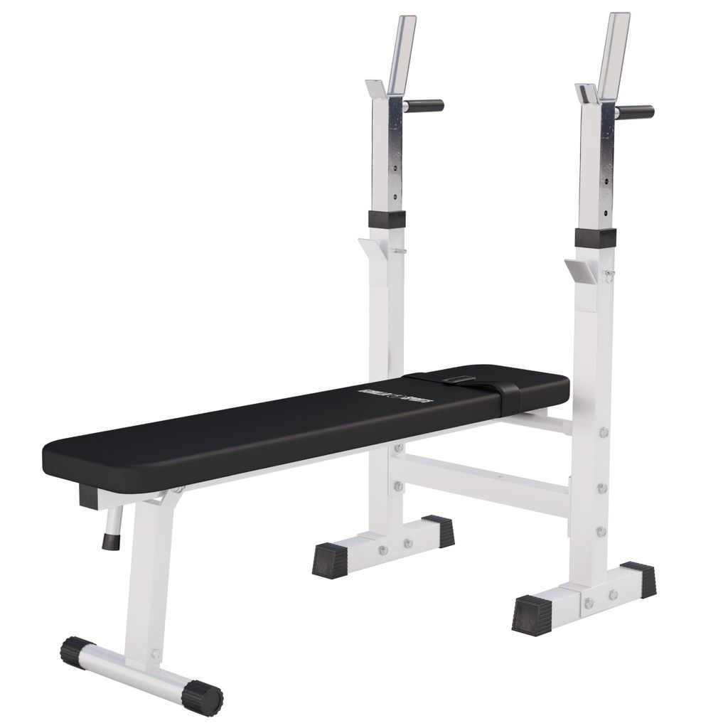 GORILLA SPORTS Hantelbank mit Ablage - Dip-Station, Verstellbare Höhe und Neigungswinkel, Klappbar, bis 200 kg, Weiß - Drückerbank, Flachbank,...