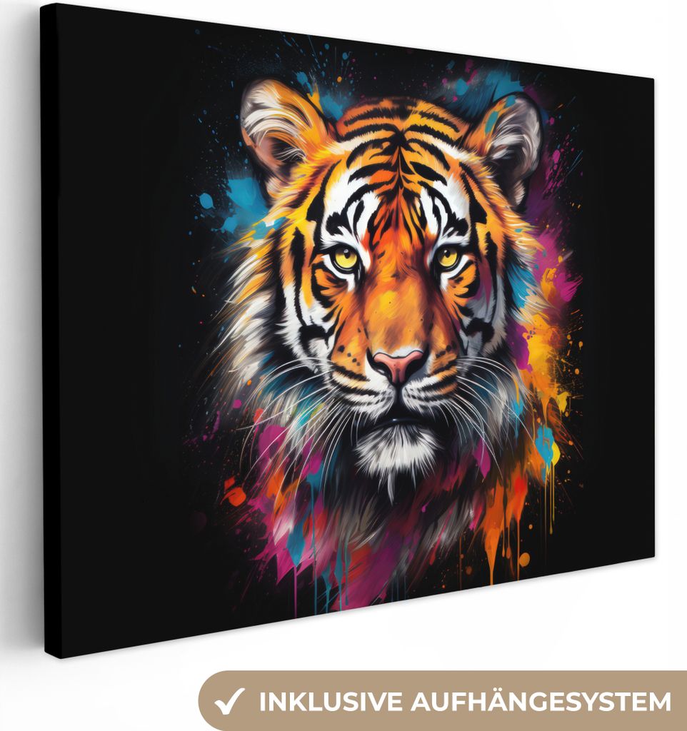 Leinwandbilder 80x60 cm - Graffiti - Tiger - Tiere - Schwarz, Bilder Wohnzimmer Modern, Wanddeko