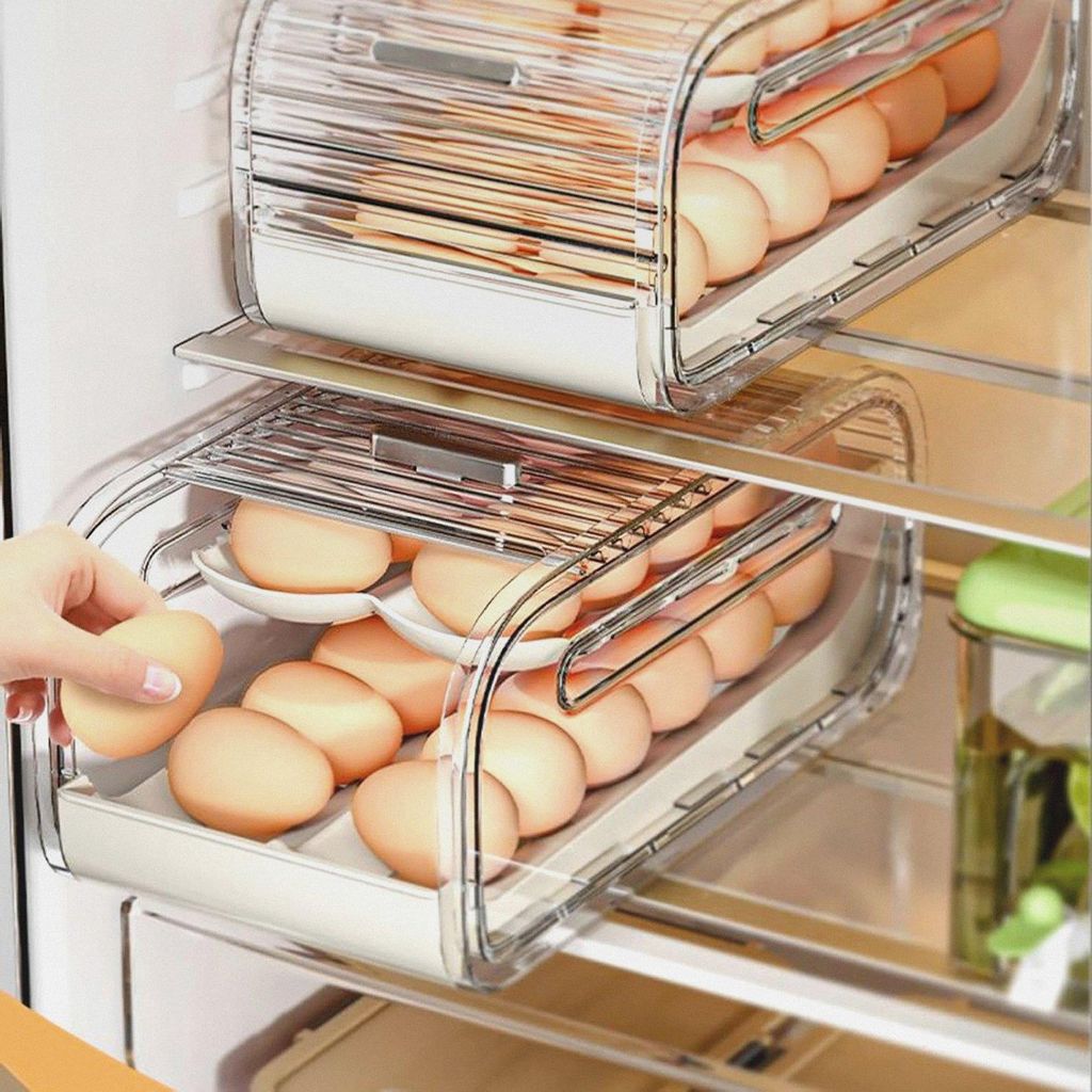 Egg Tray Organizer – 2 Tier Automatic Rolling Holder, Sliding Lid Storage Gear | Durable Egg Tray For Countertop Refrigerator Freezer Pantry Cabi...