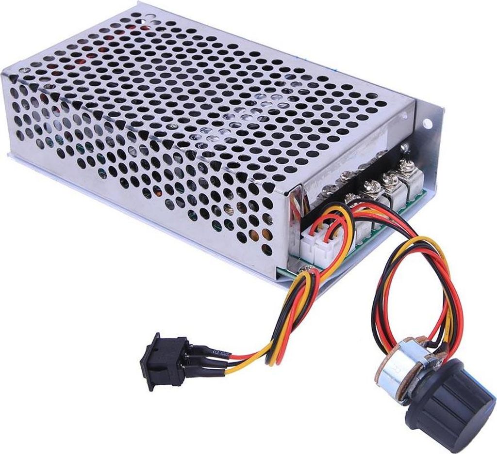 A DC motor speed controller with a metal casing, wires, a potentiometer, and a switch.