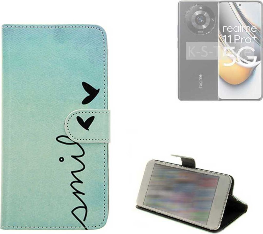 K-S-Trade Schutz Hülle Handy Hülle kompatibel mit Realme 11 Pro+ Hülle Handyhülle cover bookstyle Etui Handyhülle “smile“ türkis