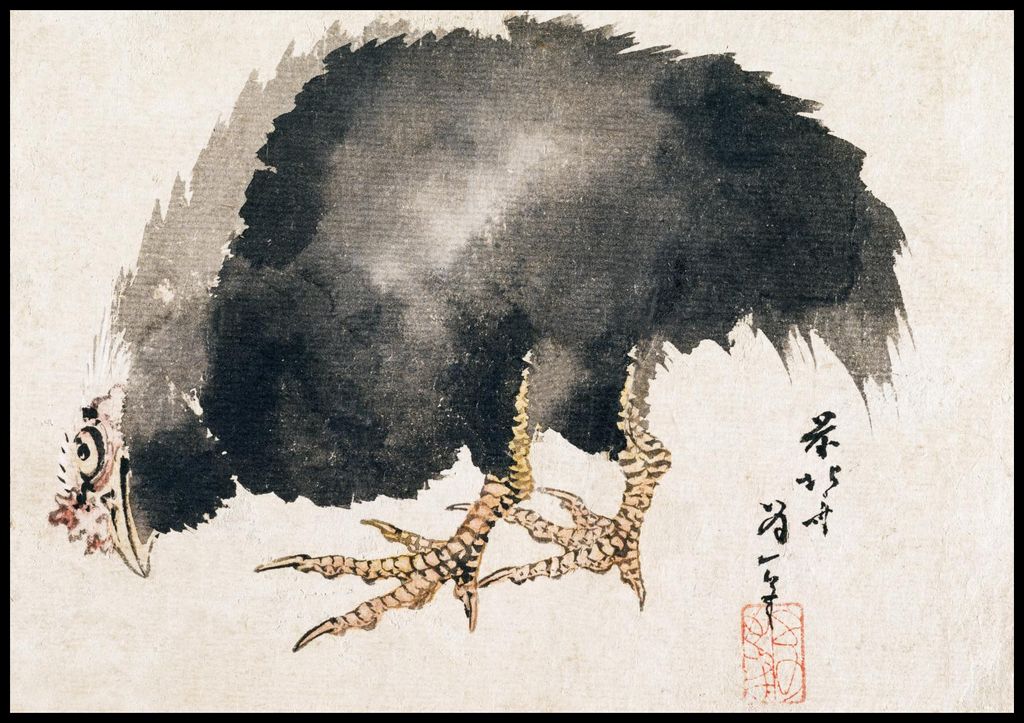Plakat 100x70cm Hahn, Hokusai Japanisch Vintage für das Wohnzimmer