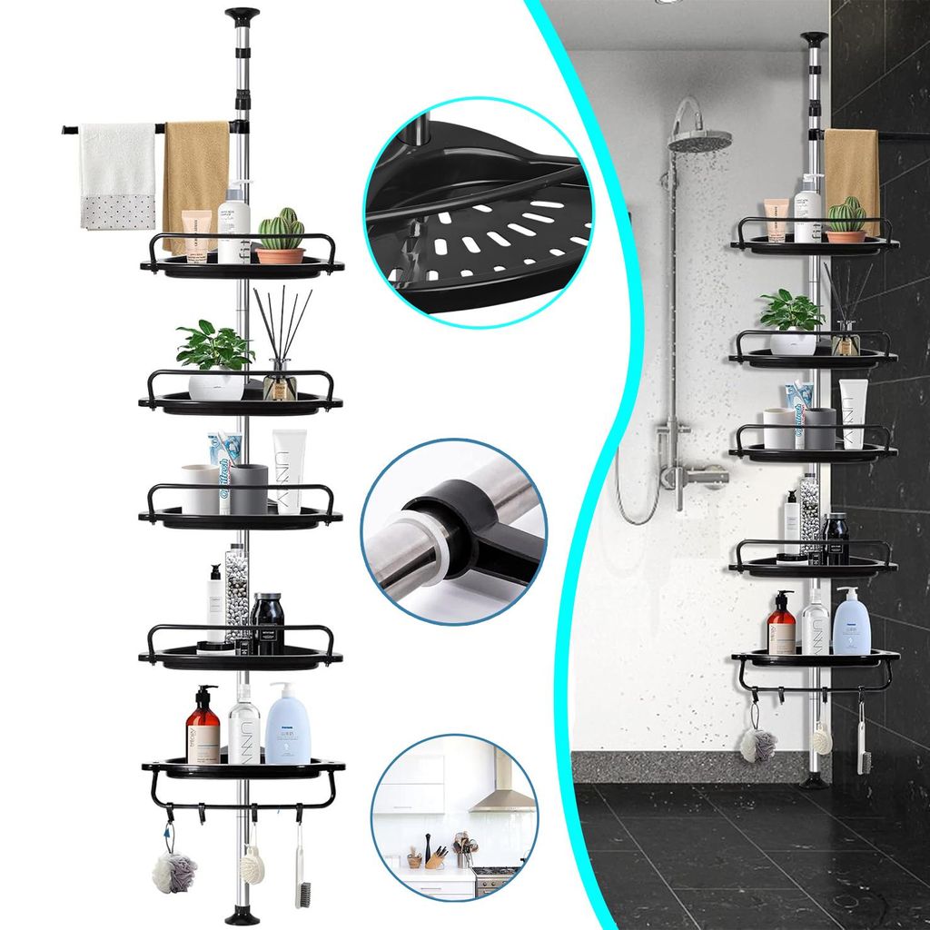 Teleskop-Duschregal Ohne Bohren, Höhenverstellbares Edelstahl Eckregal für Badezimmer, 95–300 cm Teleskopregal für Dusche und Haushalt