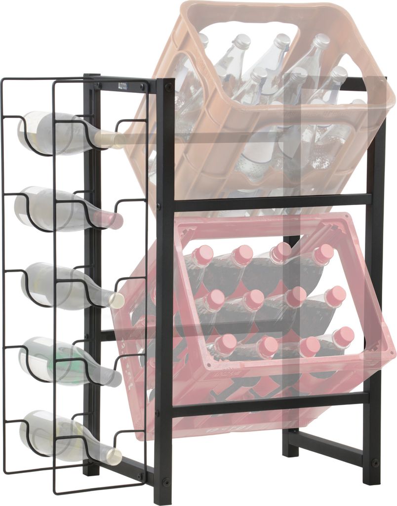 A product shot of a metal wine rack holding several bottles of wine, with two plastic crates of beverages stacked behind it.