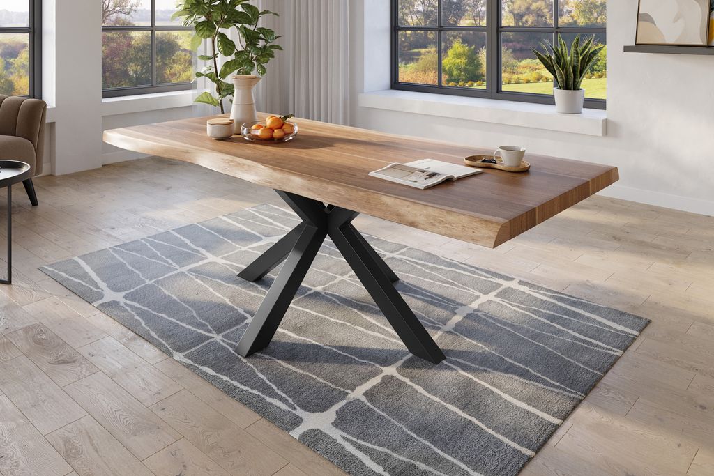 Baumkantentisch 220 x 110 cm Esstisch massiv Akazie Natur Spider-Gestell Schwarz TITAN