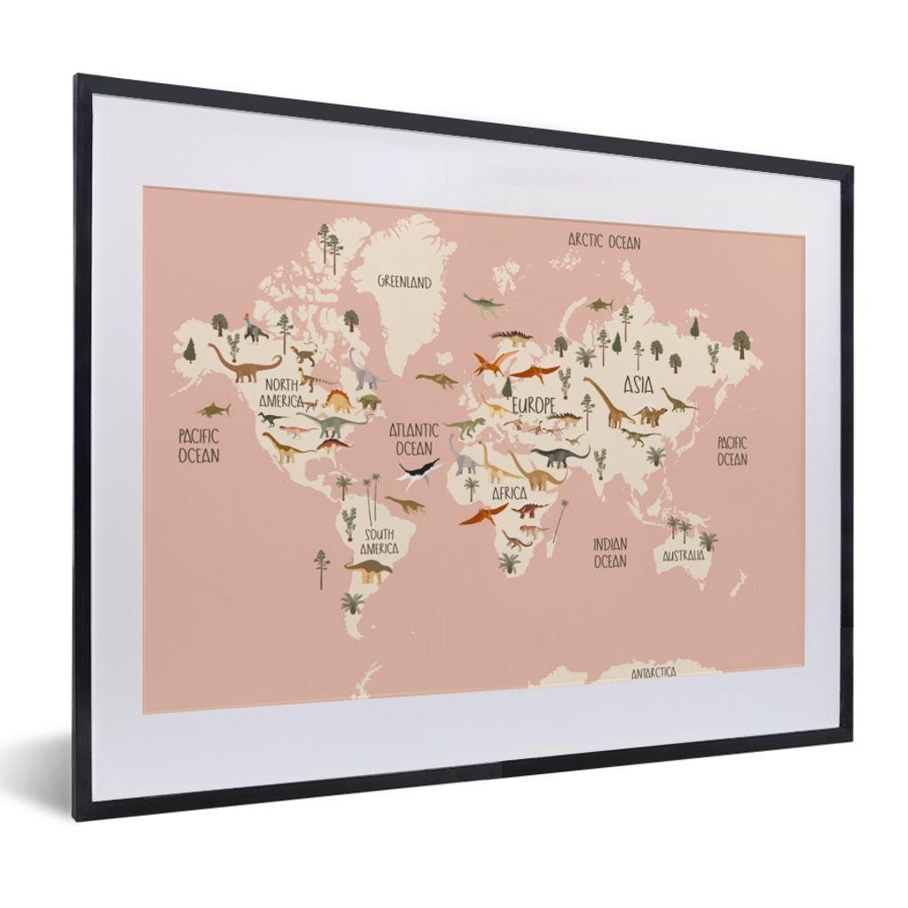 MuchoWow Gerahmtes Poster Weltkarte - Kinderzimmer - Dino's - Mädchen - Kinder - Rosa 40x30 cm - Poster mit Schwarzem Bilderrahmen Wandposter Ra...