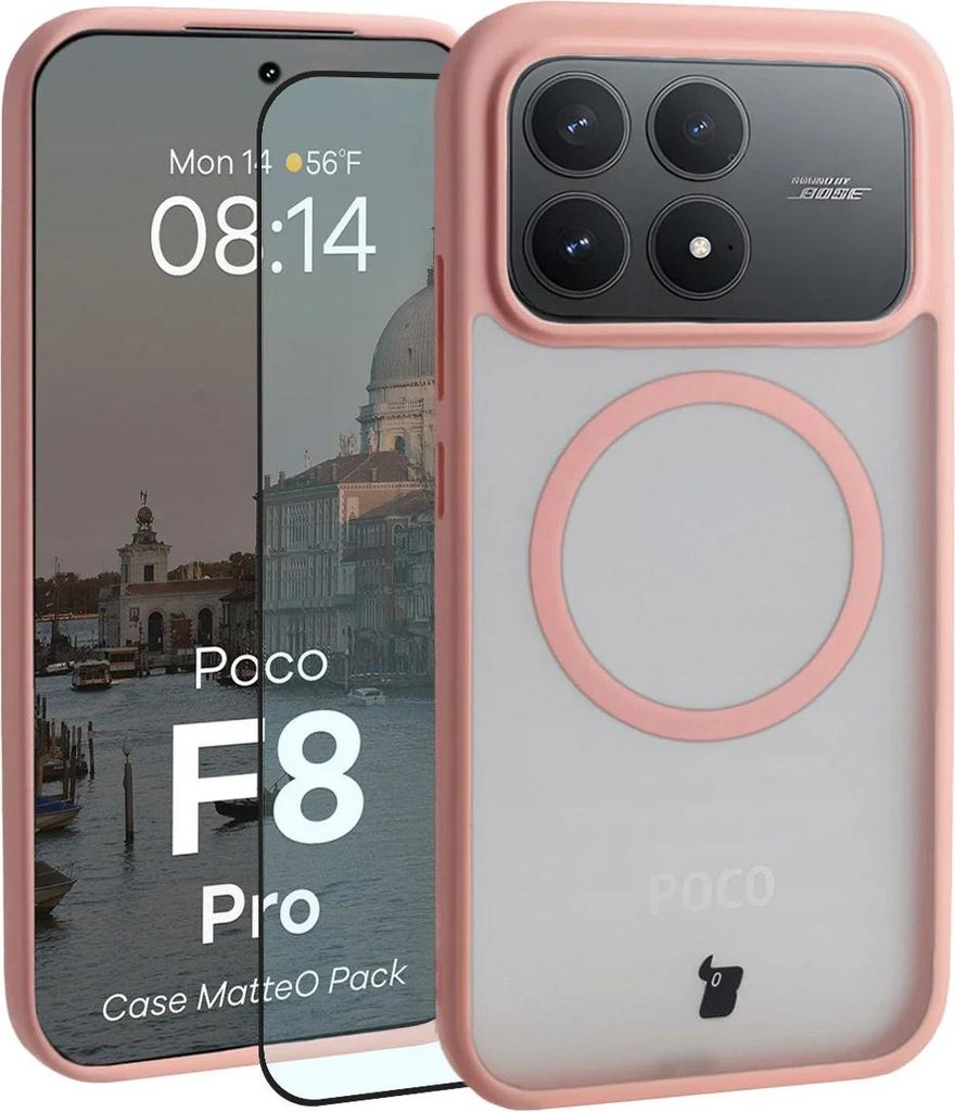 Schutzhülle mit Magnetring + gehärtetem Glas Bizon MatteO Pack für Xiaomi POCO F8 Pro, Getönt-Hellrosa