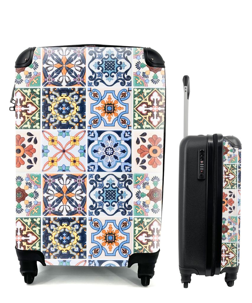 MuchoWow Koffer Handgepäck Trolley Rollkoffer Kleine Reisekoffer mit 4 Rollen - Design - Blumen - Orange - Blau - Abstrakt - Cabin Size < 55x40x...