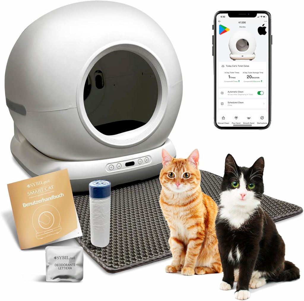 SYBILPET Automatische, selbstreinigende Katzentoilette, geruchshemmend, maximale Kapazität 72 l mit App-Überwachung und austauschbarem Deodorant