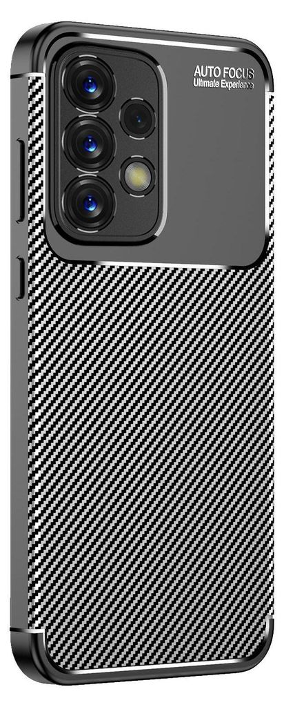 A close-up view of a black smartphone case with a carbon fiber texture and a camera module.