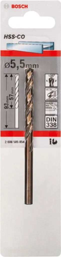 Punta per metallo HSS-Co, DIN 338, 5,5 x 57 x 93 mm, confezione da 1 pz