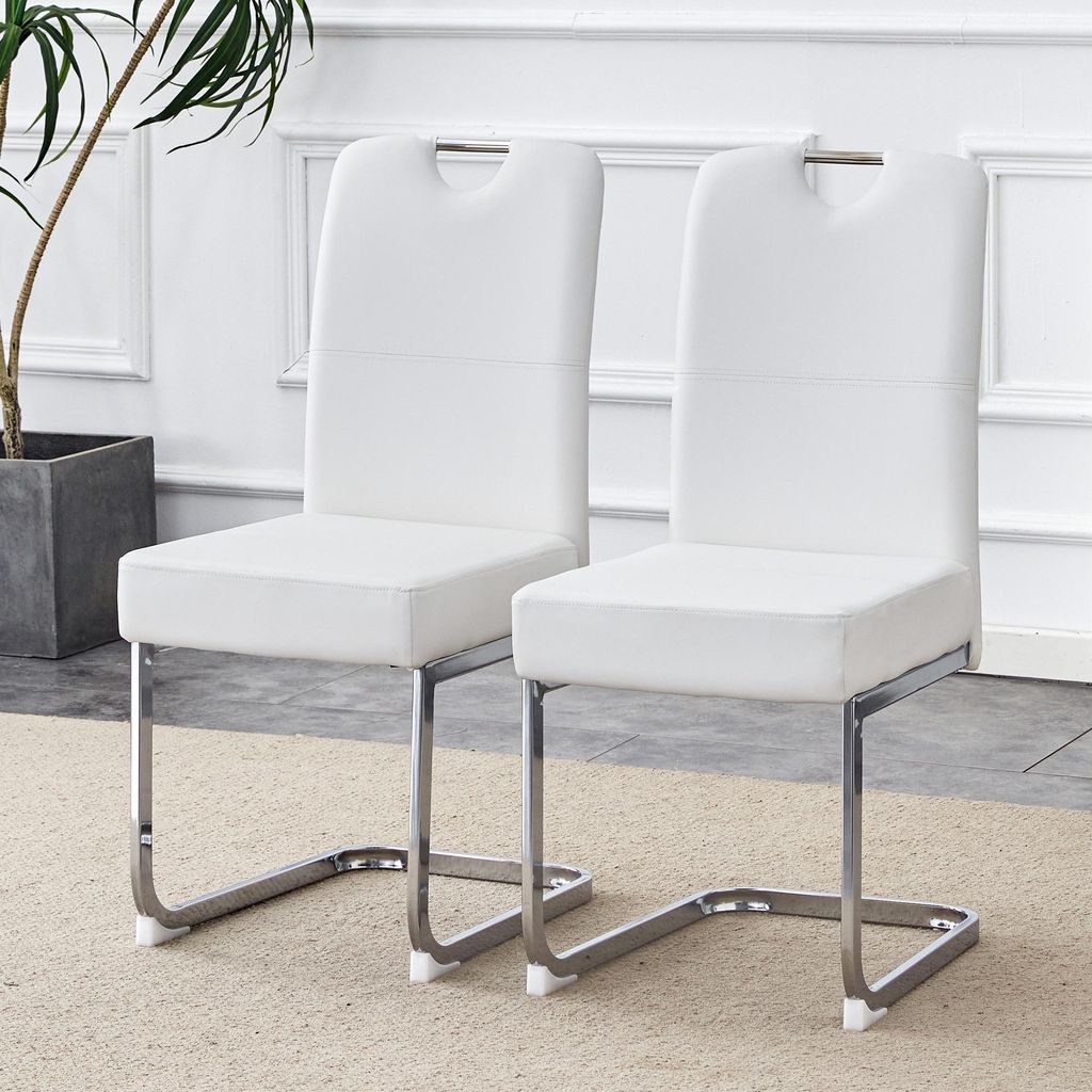 Weiße Esszimmerstühle 2er Set gepolsterte Küchenstühle mit integrierter Federung ergonomisches Design stabiler Metallrahmen Kunstleder Polsters...