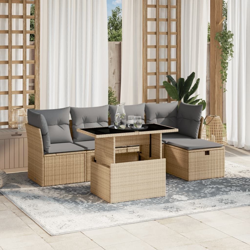 Design 6-tlg. Garten-Sofagarnitur mit Kissen Beige Poly Rattan, Gartenmöbel-Sets 2024 Neu