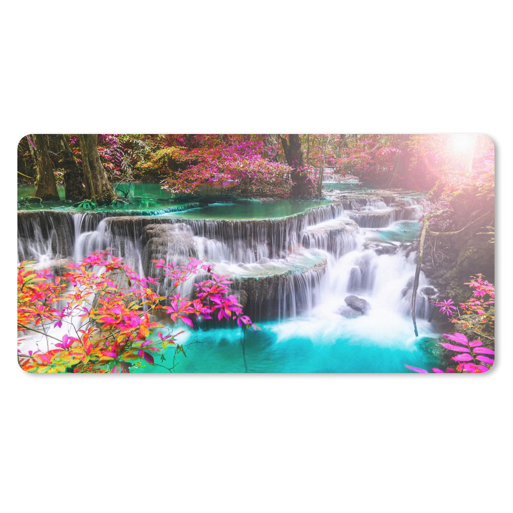 MuchoWow Schreibtischunterlage Wasserfall - Sonne - Bäume - Regenbogen - Natur 80x40 cm - XXL Mauspad - Gaming Mauspad
