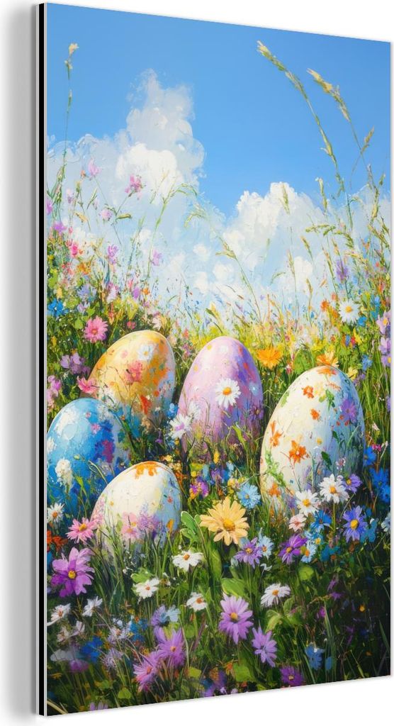 MuchoWow Wanddekoration Metall Metallbild Wandkunst 60x90 cm Rasen - Eier - Blumen MuchoWow Aluminium Gemälde - Wandbilder - Aluminium