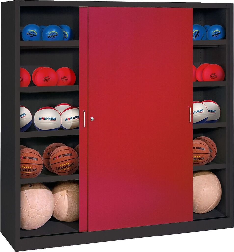 C+P Ballschrank mit Vollblech-Schiebetüren (Typ 4), HxBxT: 195x120x60 cm, Rubinrot (RAL 3003), Anthrazit (RAL 7021), Einzelschließung