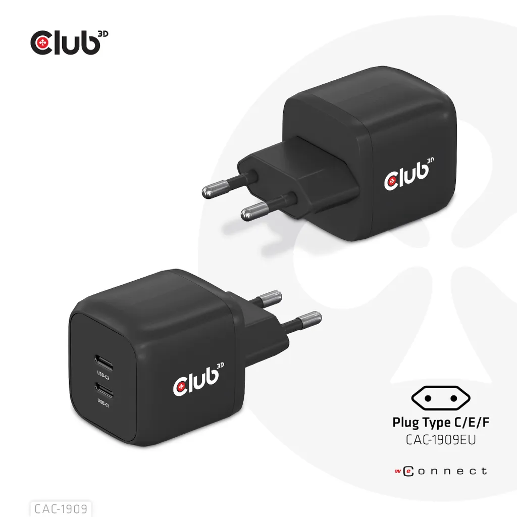 Club3D Chargeur Secteur 2xUSB Type C PD 45W GaN CAC-1903 Noir Compact