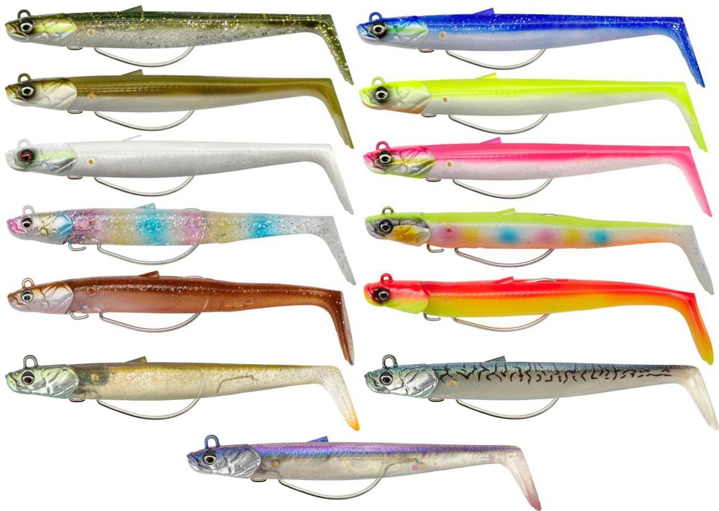 Savage Gear Sandeel V2 weedless - 2 Gummifische + 1 Jigkopf, Größe / Gewicht / Farbe:13cm / 33g / Baumwolle Candy