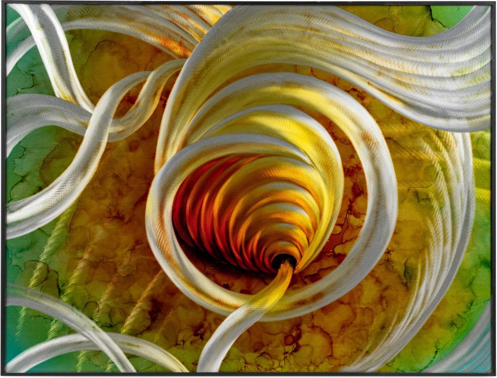 Wunderschönes 3D Wandbild im Spiralen Motiv aus Aluminium inklusive schwarzem Metall Rahmen poliert