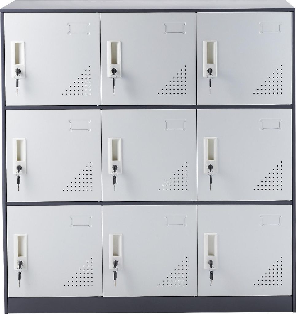 SucceBuy Metal Employee Locker, 9-türiger grauer Schrank mit Kartenschlitz. Stabiler Stahl, 66lbs Kapazität. Für Büro, Zuhause, Schule, Fitness...