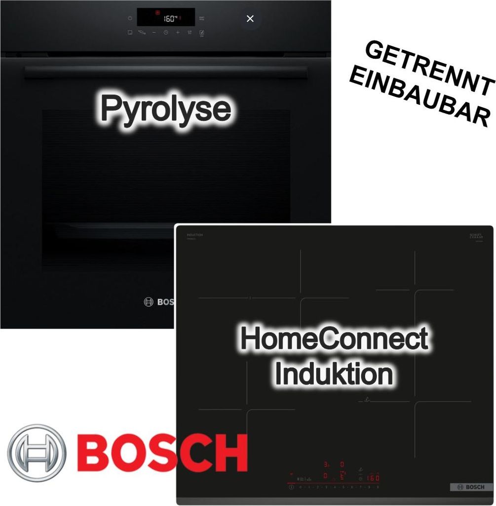 Bosch Backofen Kochfeld Set Pyrolyse 3D Heissluft Induktionskochfeld 71 Liter Schwarz PowerBoost