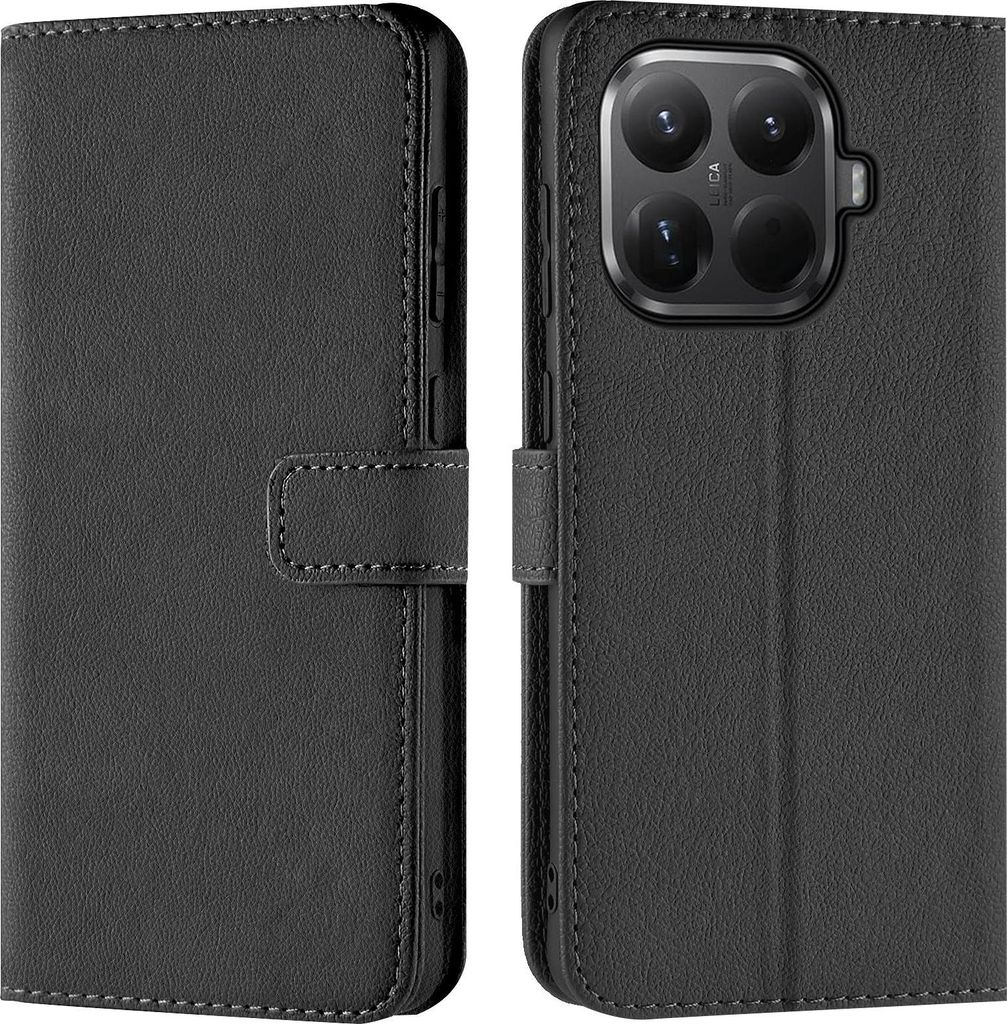 A black leather book-style phone case is shown from the front and back.