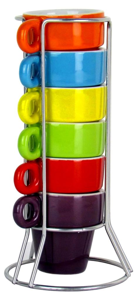 7-teiliges Espresso-Set mit 6 bunten Espressotassen aus Steingut und Metallhalterung für 6 Personen