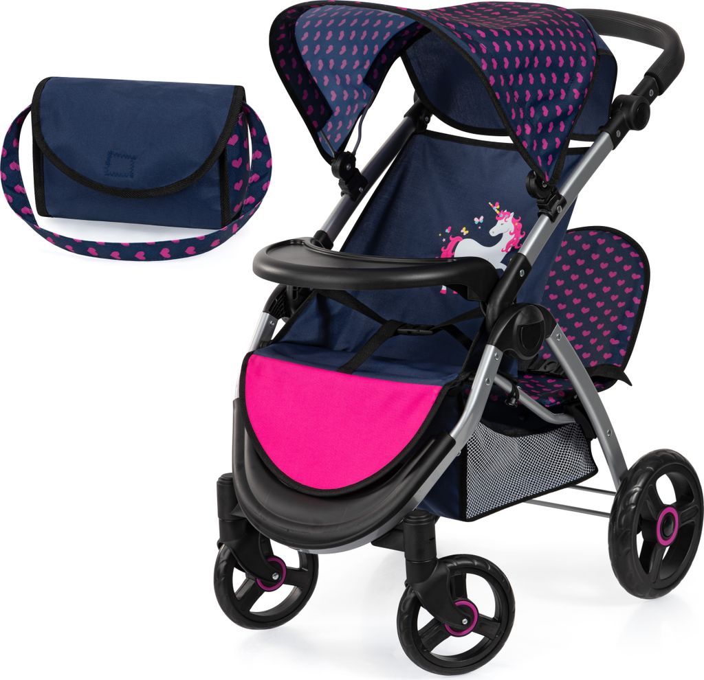 Bayer Design 39454AA Zwillingspuppenwagen, Puppenwagen, Geschwisterwagen, höhenverstellbar, klappbar, Tasche