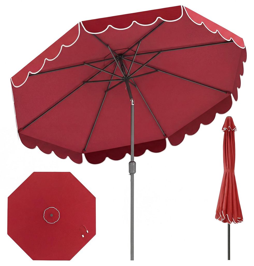 COSTWAY Sonnenschirm 300 cm, Gartenschirm mit Kurbel & Volant, beidseitig um 30° knickbar, Terrassenschirm, Marktschirm für Garten, Balkon, Rot
