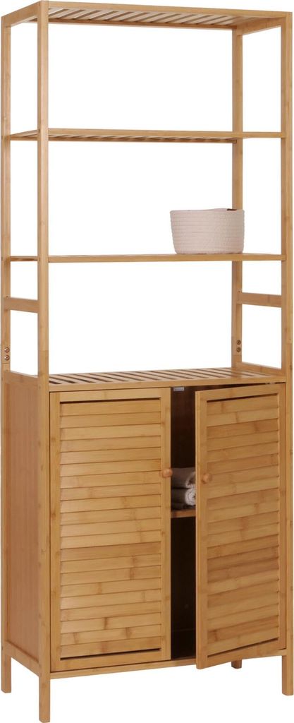 Hochschrank MCW-B18, Badschrank Badregal Schrank Regal, 2 Türen 4 Regalböden Bambus MDF MVG- 168x64x33cm