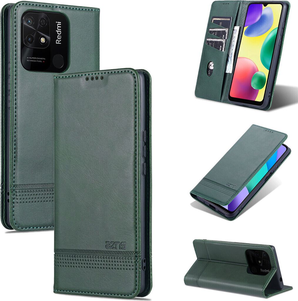 Xiaomi Redmi 10C Leder Hülle, Klapphüllen Brieftasche Magnetverschluss Ständer Schutzhülle für Xiaomi Redmi 10C Grün