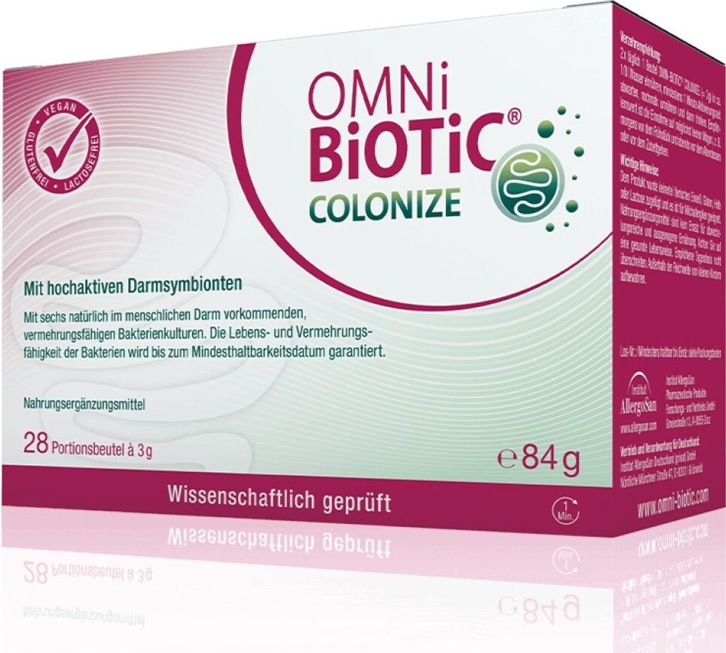 The image shows the front and side of a product box for Omni Biotic Colonize.