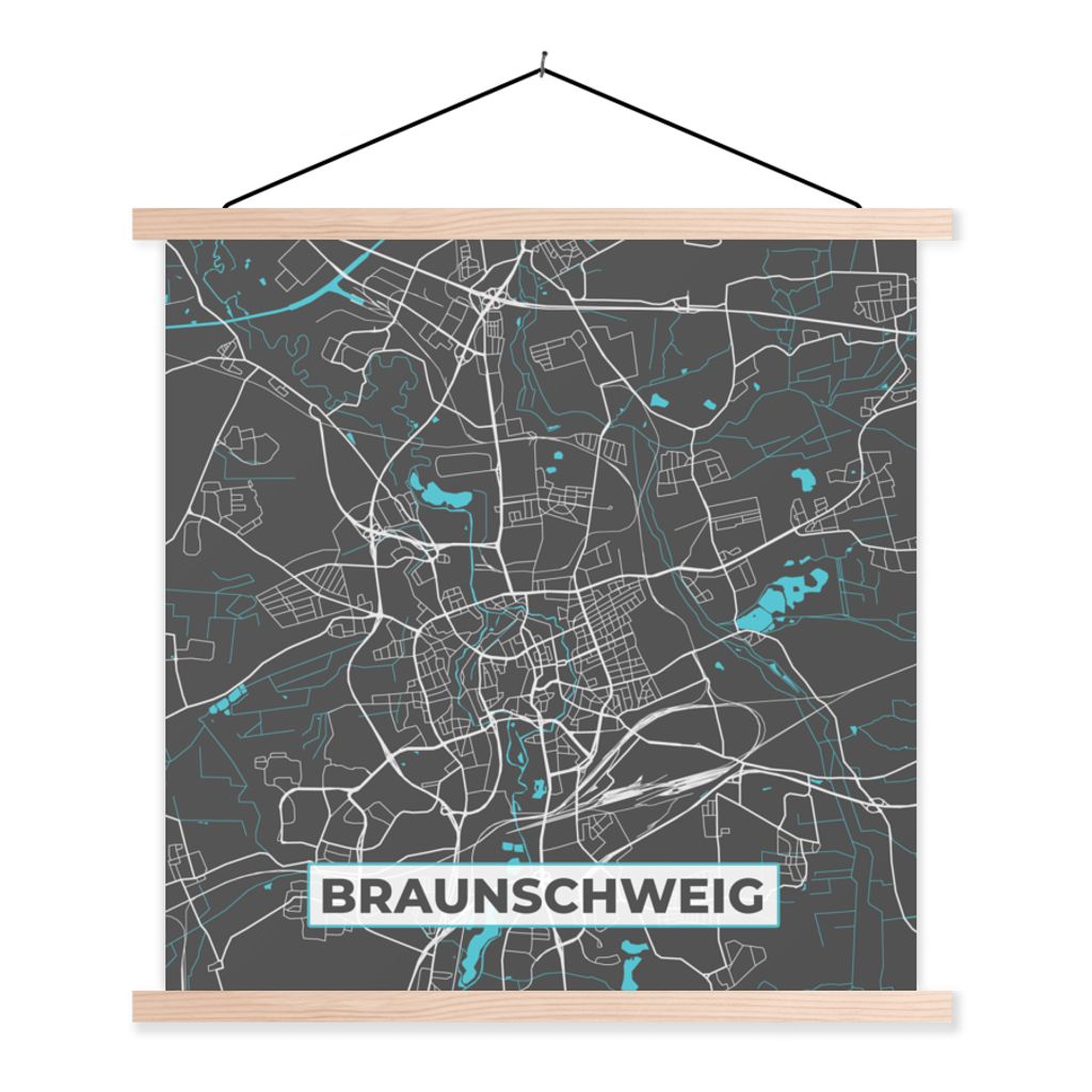 MuchoWow Textilposter Deutschland - Blau - Braunschweig - Stadtplan - Karte 60x60 cm mit holzfarbenen Rahmen - Wanddekoration