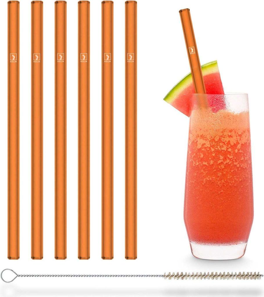 HALM Trinkhalme aus Glas, NEON Orange, 6 wiederverwendbare 20 cm, leuchtet im Dunkeln + plastikfreie Reinigungsbürste, Germany, spülmaschinenfest...