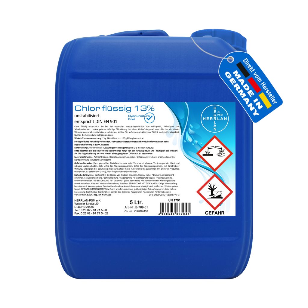 Chlor flüssig 5 Liter (6 Kg) unstabilisiert mit 13% Chlor - Hochwirksame Wasserdesinfektion für Pools, Whirlpools und SwimSpa ́s